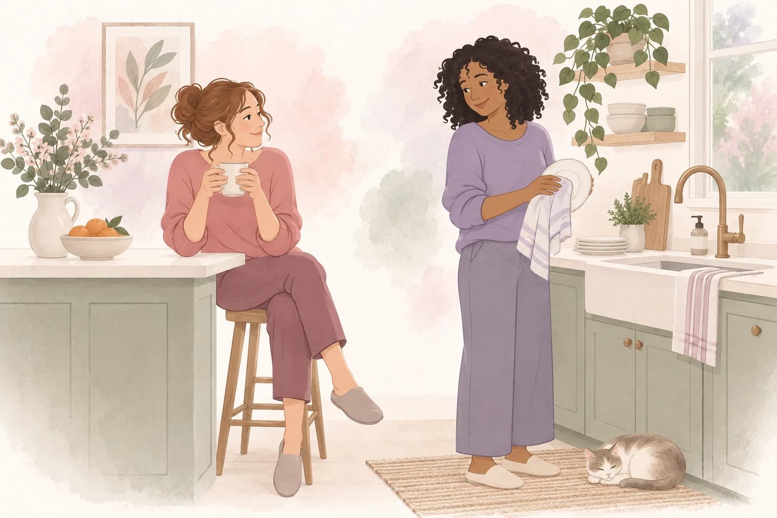 One friend dries a plate while the other rests with a mug in a quiet kitchen.