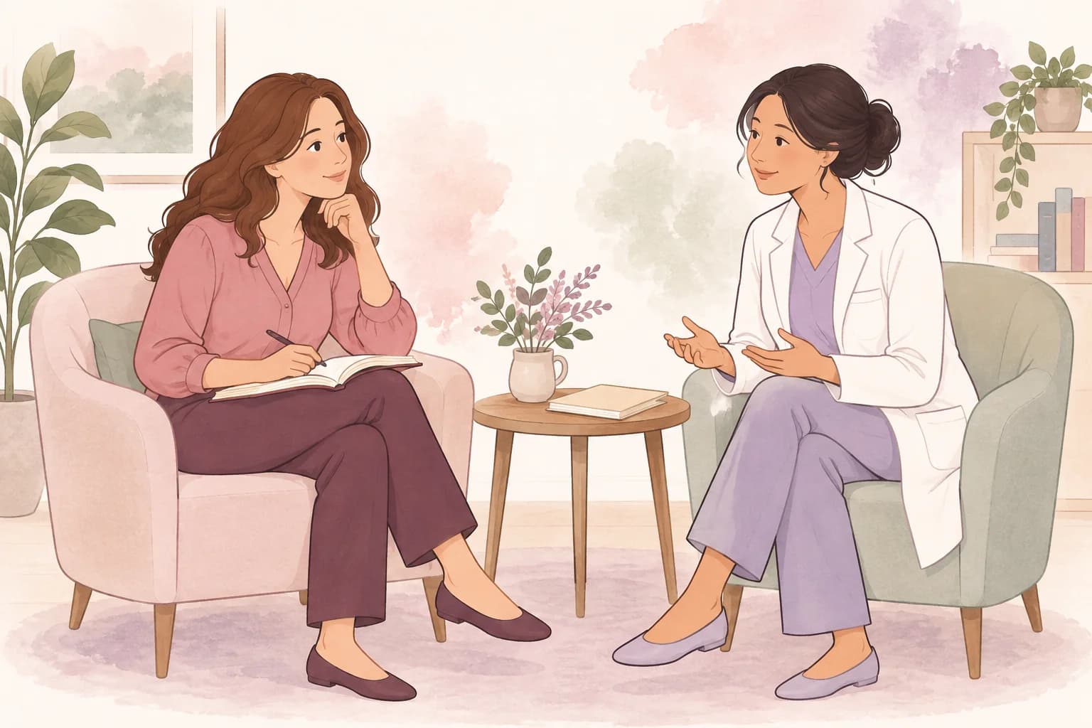 A patient with a notebook talks with a clinician across a small table.