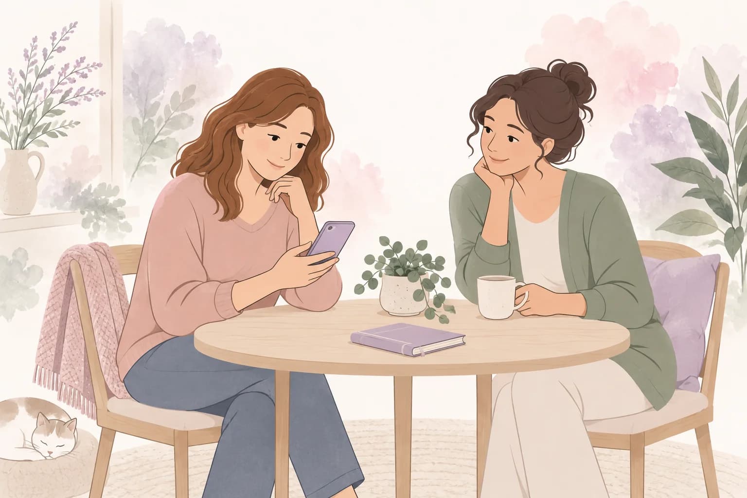 A woman drafts a phone message while a trusted friend listens nearby.