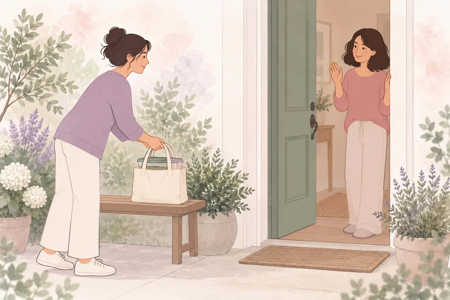 A neighbor delivers a tote of covered meals at an agreed doorstep handoff.