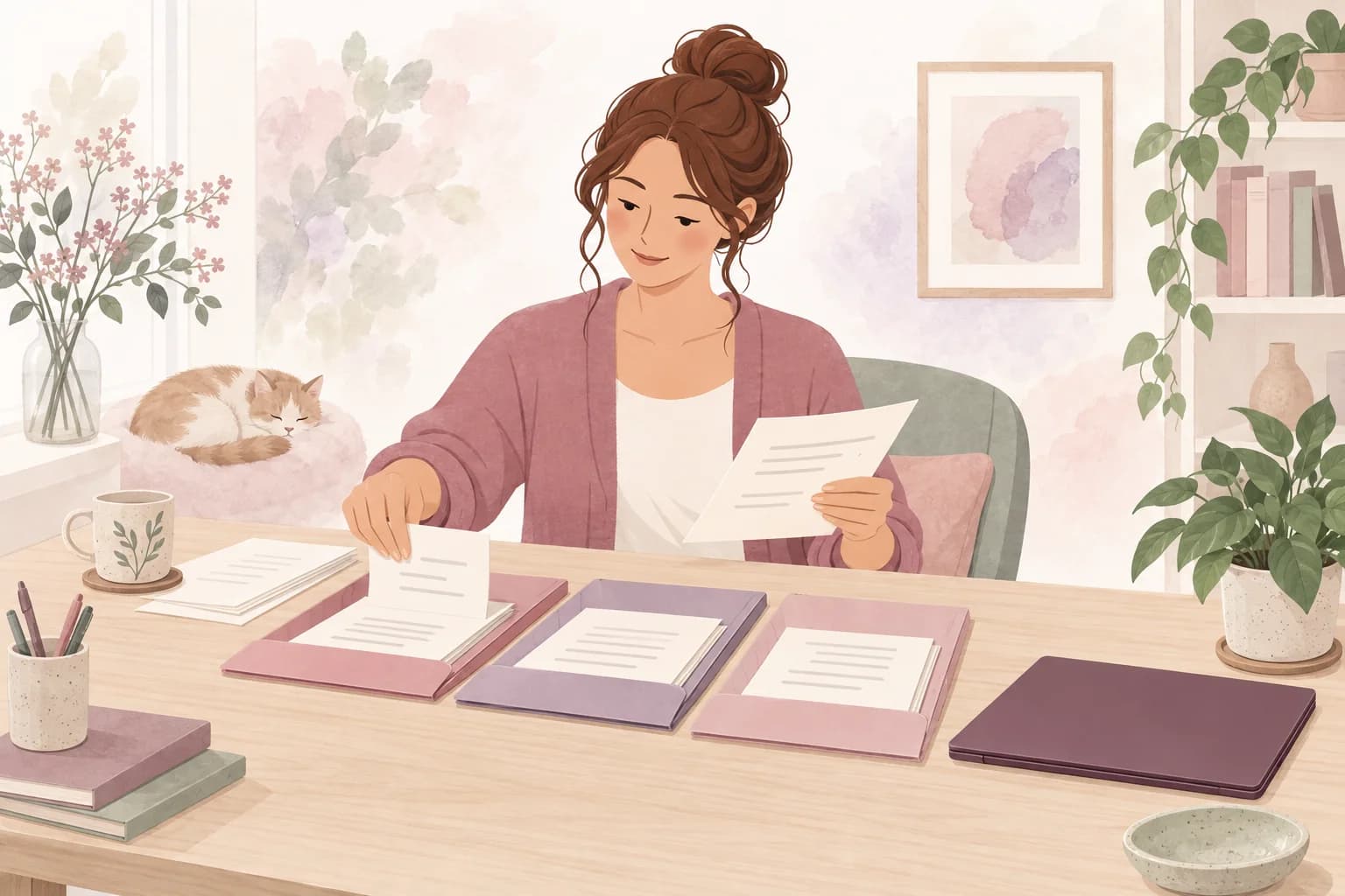 A woman sorts papers into rose and lavender folders beside a closed laptop.