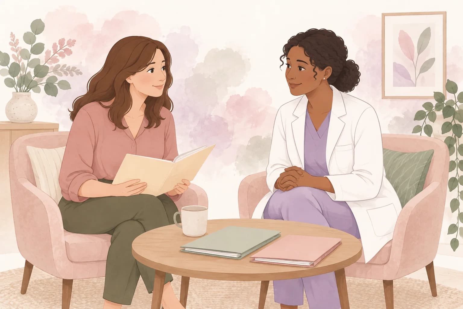 A woman discusses a folder of records with a second specialist.