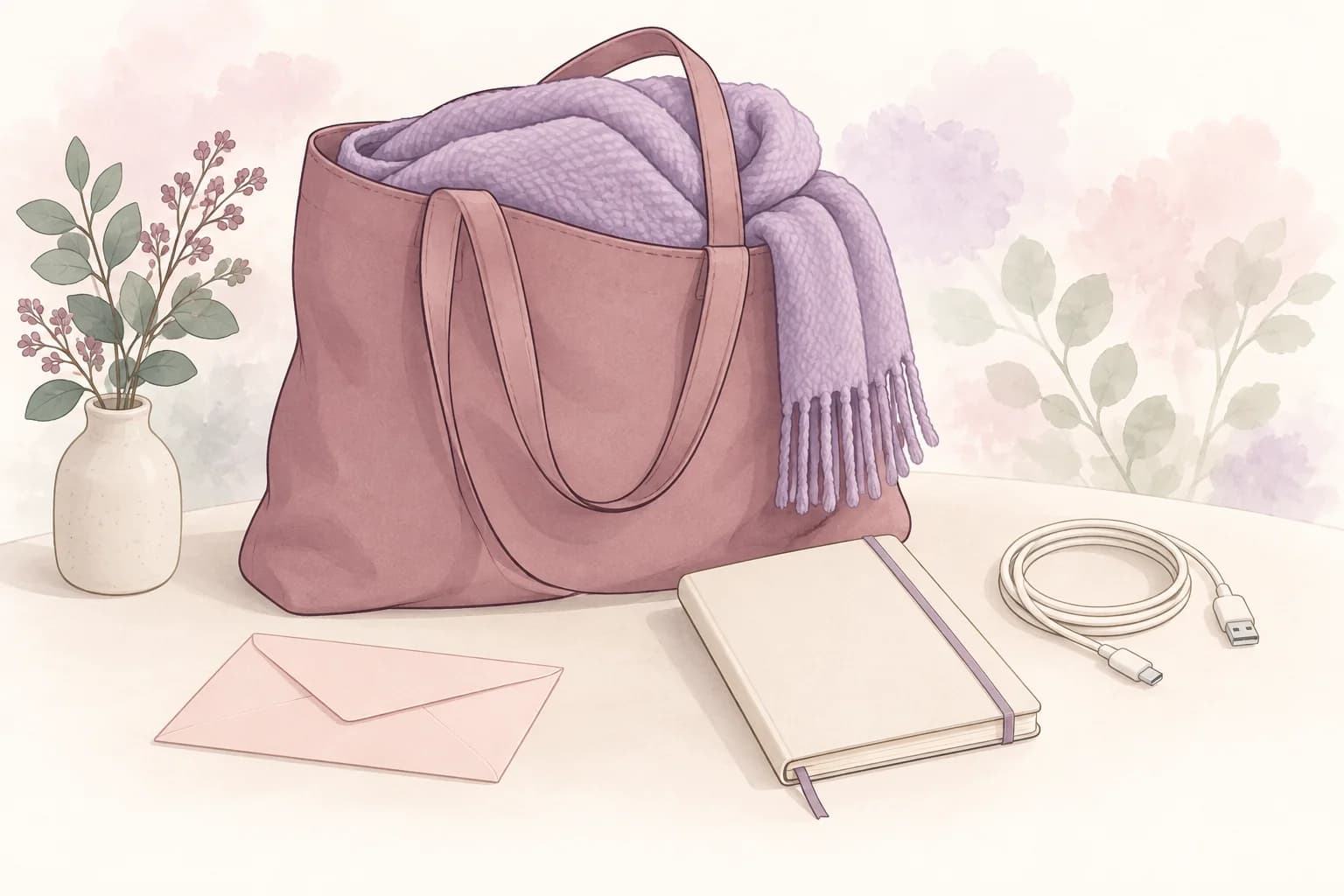 A mauve tote, lavender blanket, notebook, charging cable, and sealed envelope.