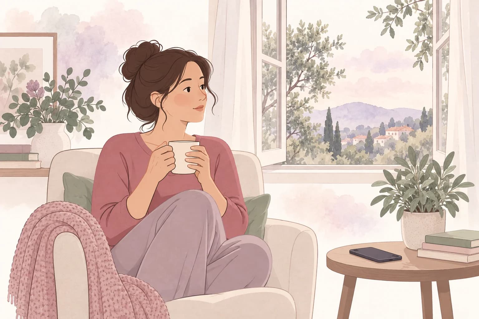 A woman pauses with a mug by an open window; her phone rests on a nearby table.