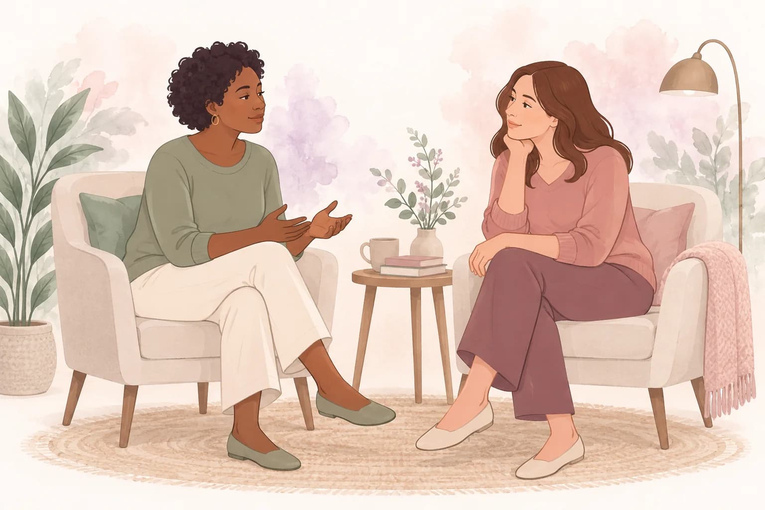 Two friends sit facing one another in a quiet conversation.