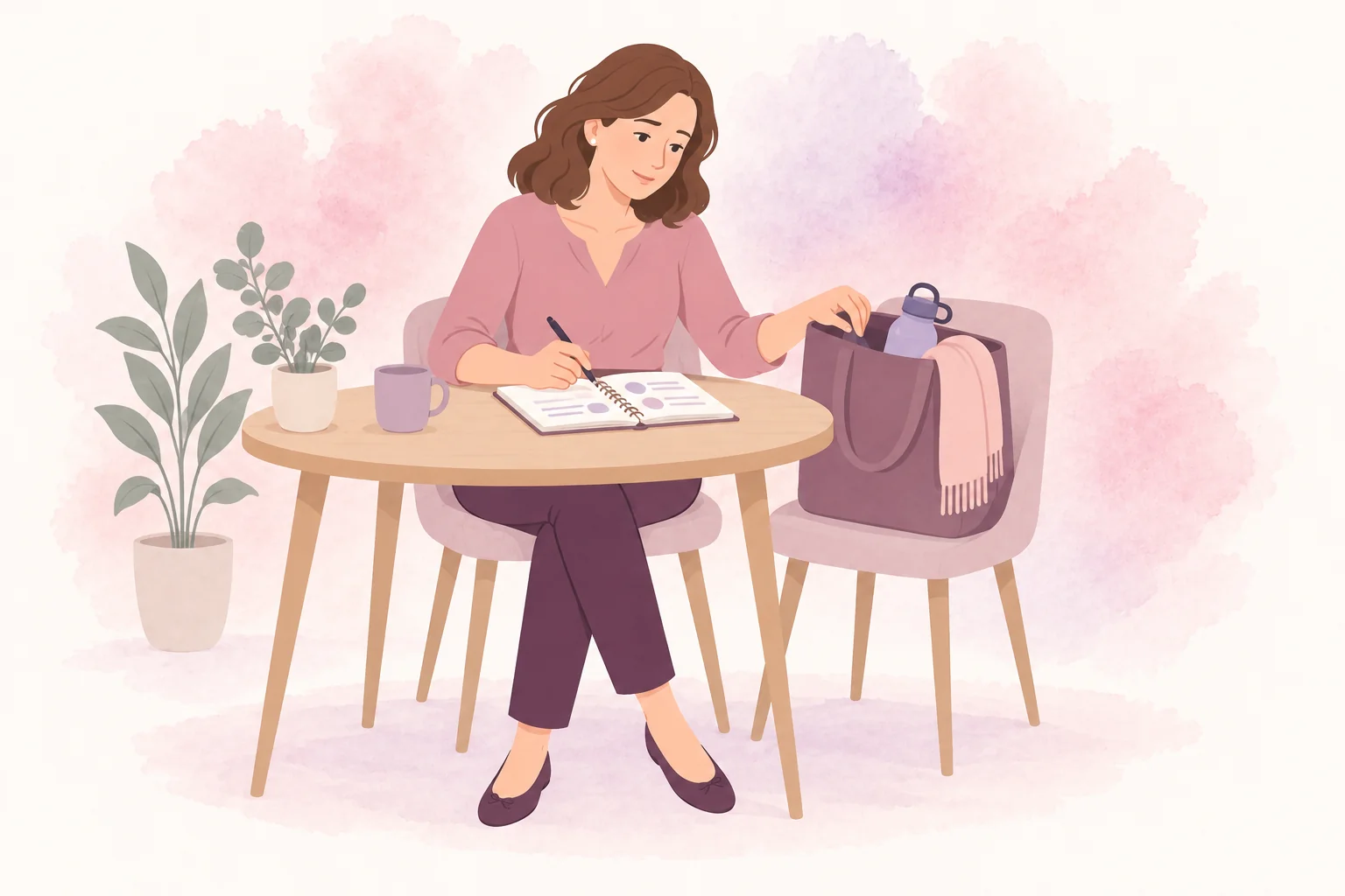A woman organizing a notebook and a bag at a small table, in rose and plum watercolor.