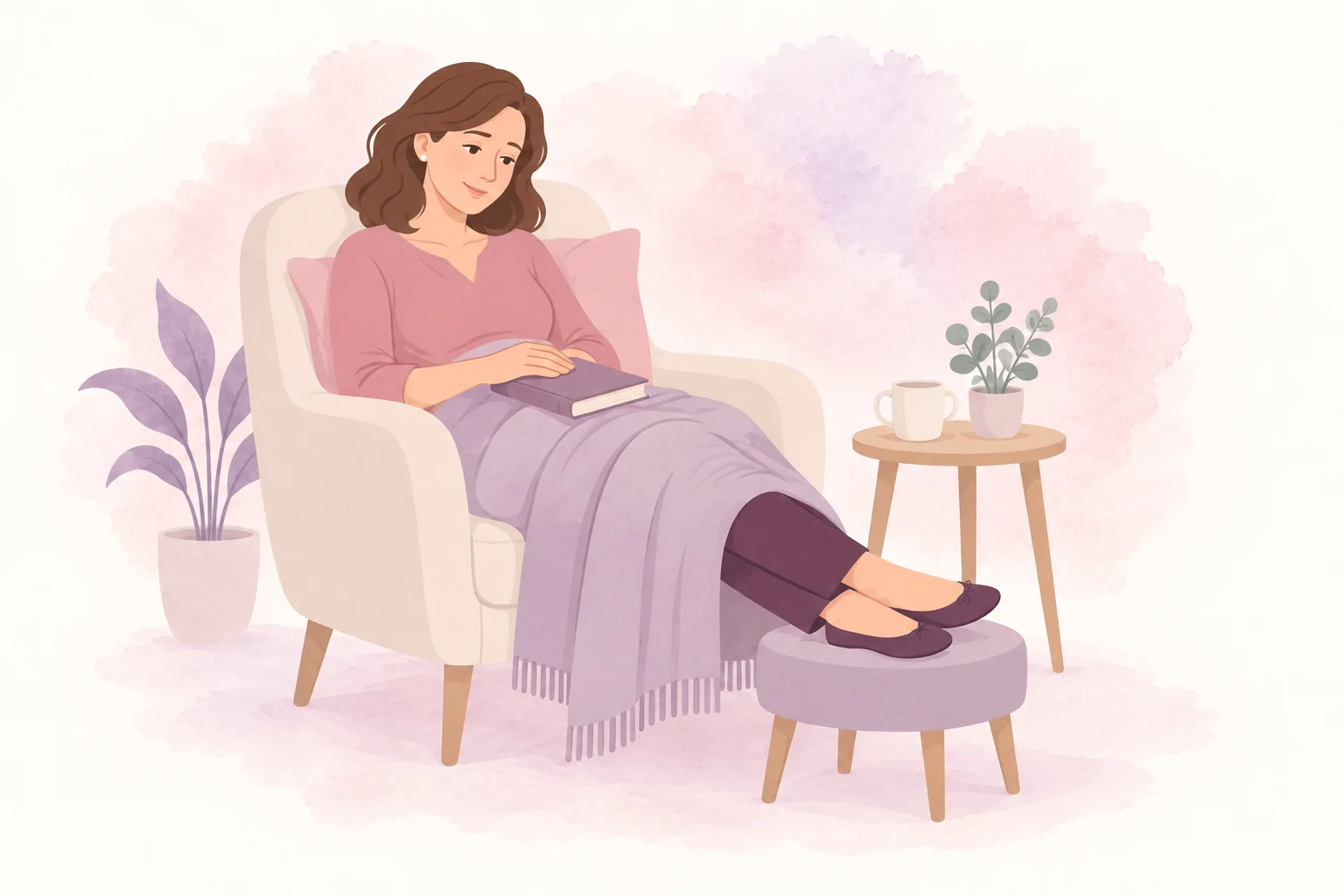A quiet moment of rest, illustrated in soft rose and lavender watercolor.