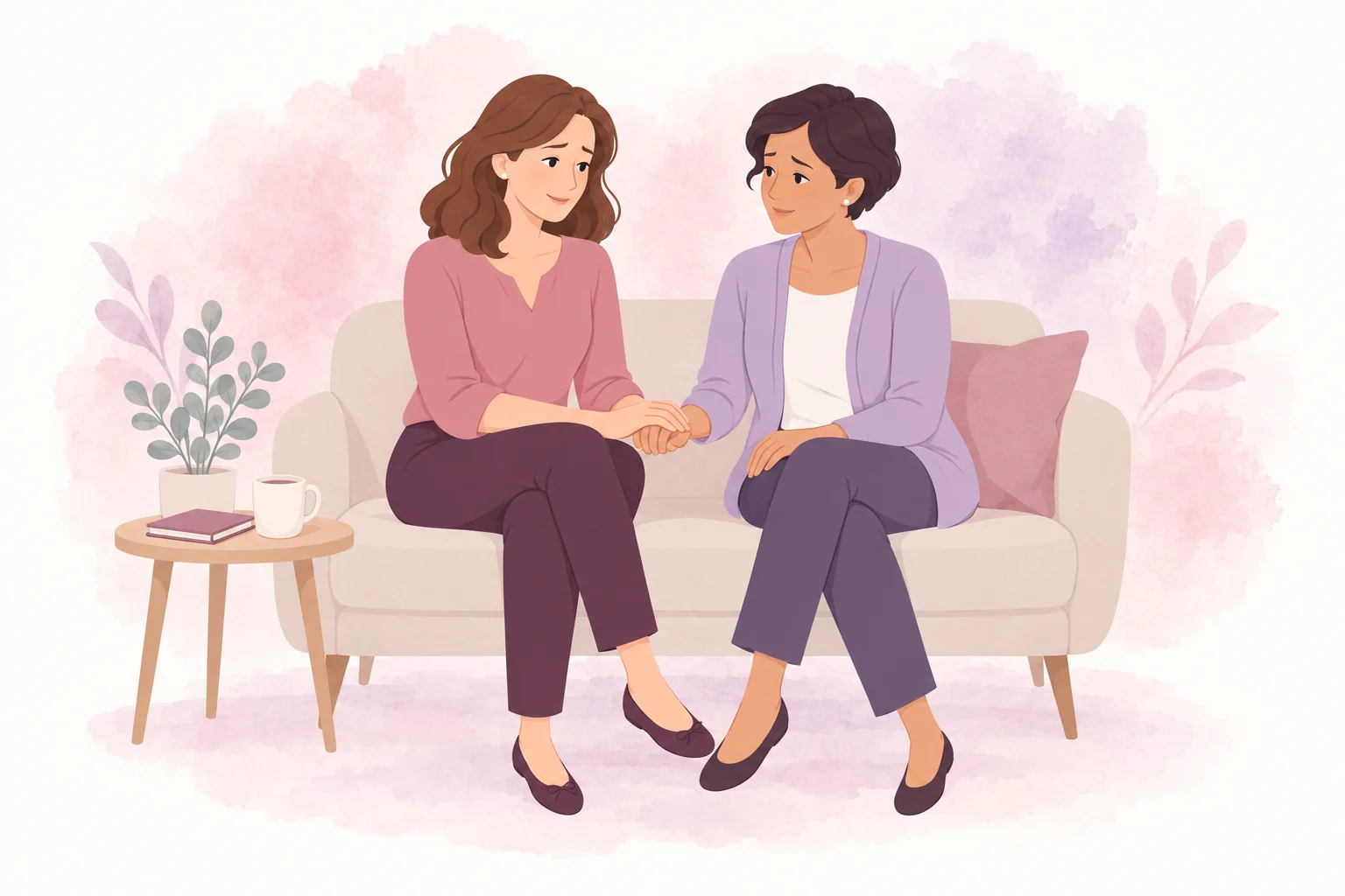 Two people sharing a supportive moment in a soft watercolor illustration.