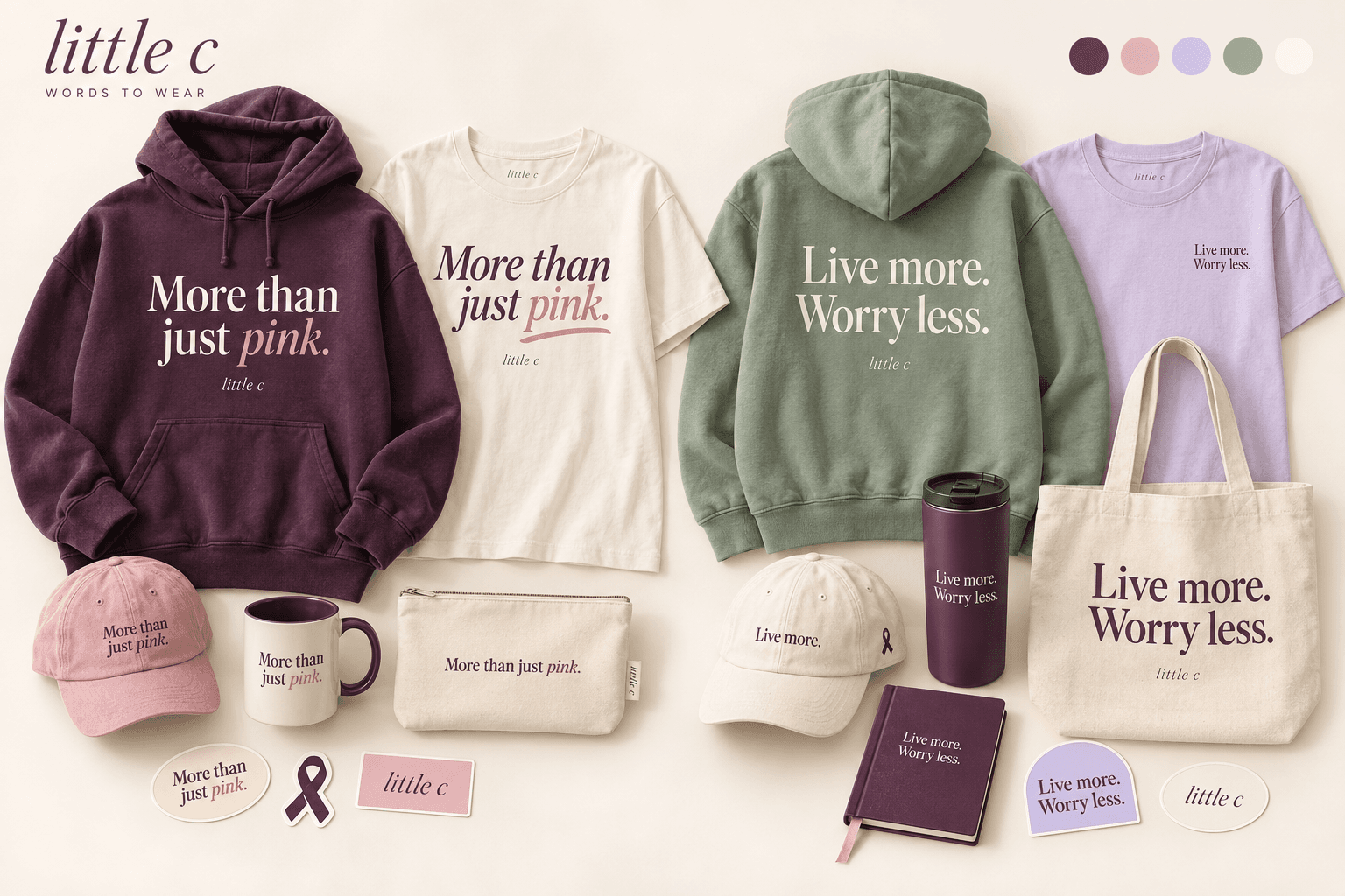 Little C collection concept in plum, dusty rose, sage, lavender, and cream: hoodies, tees, hats, mugs, a tote, and stickers.